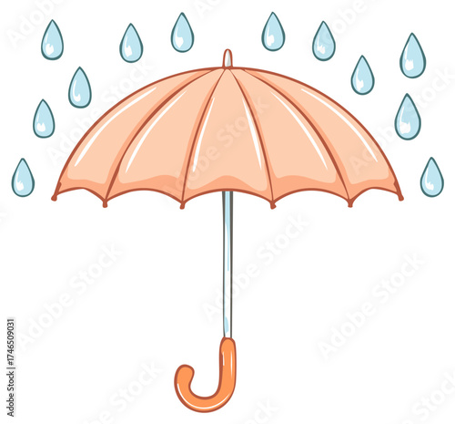 Cartoon style illustration of an orange umbrella protecting from falling blue raindrops