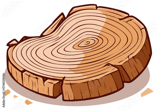 Stylized Log Section Illustrating Tree Rings, Textured Bark and Wooden Debris for Foresting, Biology, and Lumber Themes