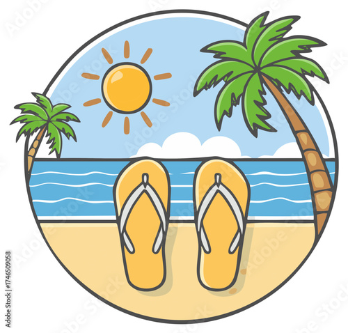 Tropical beach scene with flipflops sun palm trees ocean summer vacation