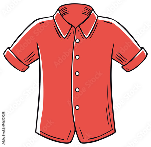 Stylized red short sleeve button down shirt illustration with white outline