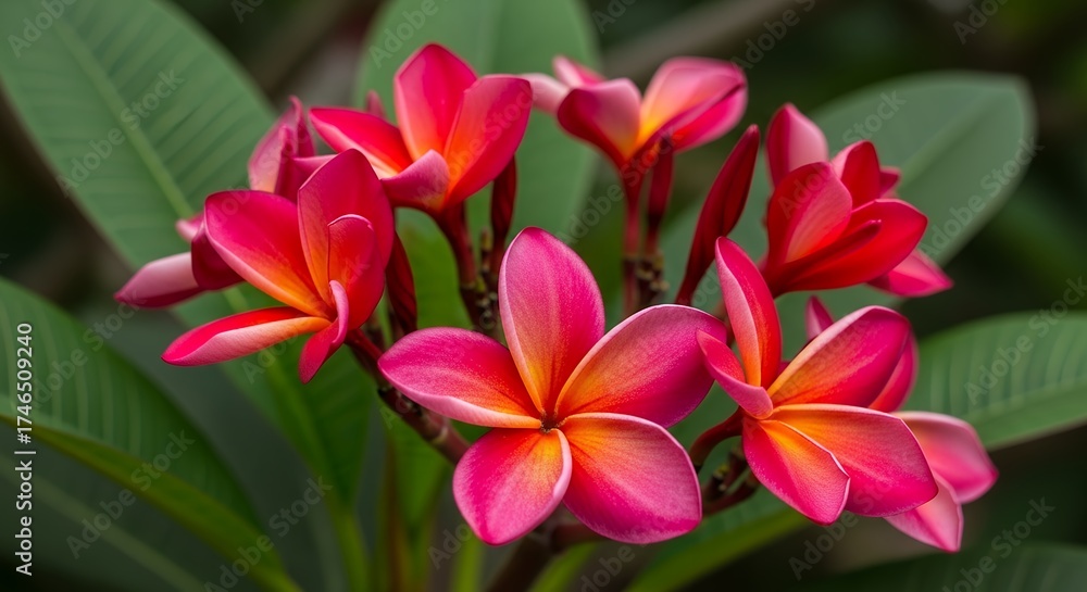 Naklejka premium A breathtaking close-up captures a cluster of vivid, multi-colored tropical blooms showcasing shades of fuchsia, deep pink, and warm orange-yellow centers. Each delicate petal unfurls gracefully, crea