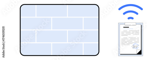 Light brick wall and signed document with wireless signal emphasizing security layers, data validation, communication, and trust. Ideal for cybersecurity, authentication, data sharing, remote work