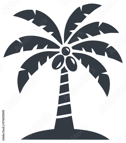 Stylized dark gray silhouette of a palm tree with coconuts and a small island base