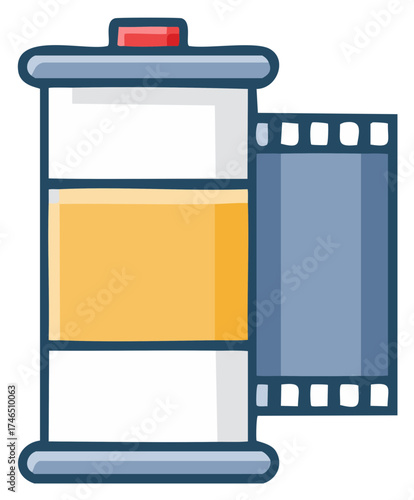 Retro film canister with visible strip of undeveloped photographic film emerging