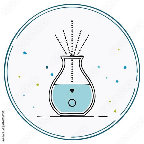 Aromatherapy diffuser with liquid and fragrance emitting, stylized vector illustration in a circle frame with scattered decor