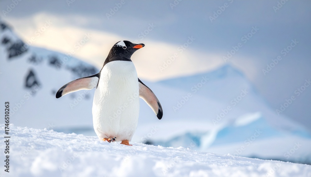 Obraz premium Charming Gentoo penguin standing alone on a snowy hill in Antarctica.