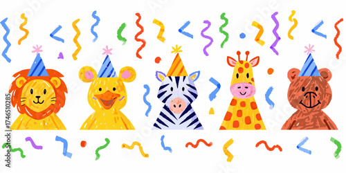 Cute cartoon baby animals wearing party hats and surrounded by colorful confetti and streamers for a birthday celebration