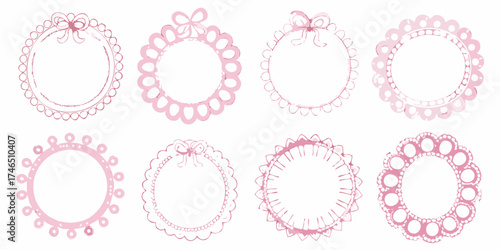 Collection of eight delicate pink watercolor circular frames with bows and scalloped edges