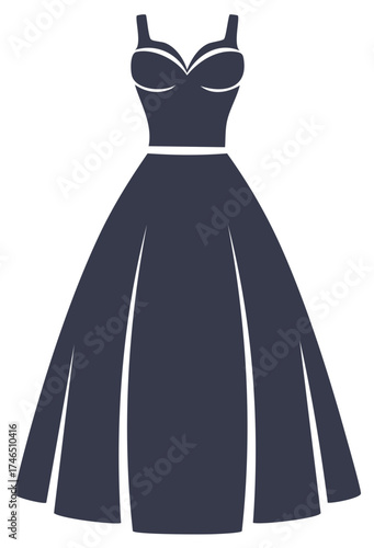 Elegant dark blue formal gown with sweetheart neckline and full skirt isolated