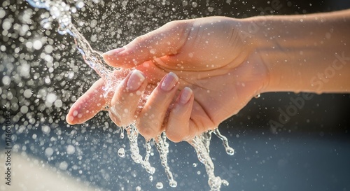 A close-up of a hand under a dynamic splash of sparkling water. Glistening droplets convey purity, cleanliness, and natural vitality. Ideal for hydration, hygiene, and well-being themes, it evokes a r