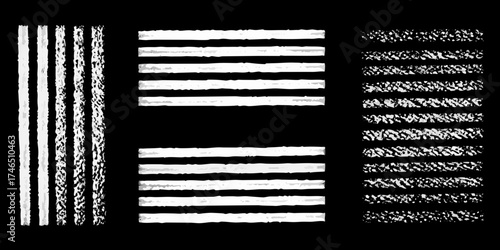 Collection of distressed white brush stroke lines and stripes on a black background