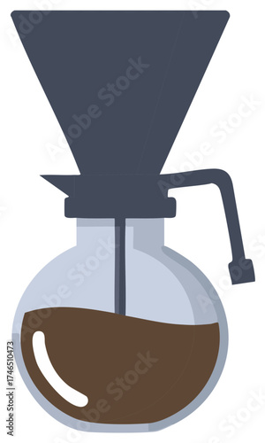 Minimalist vector illustration of a pour-over coffee brewer with a glass carafe and freshly brewed coffee