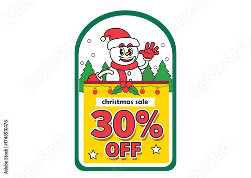 Colorful Christmas sale sign showcasing a cheerful snowman with trees and a 30 percent discount to engage holiday shoppers