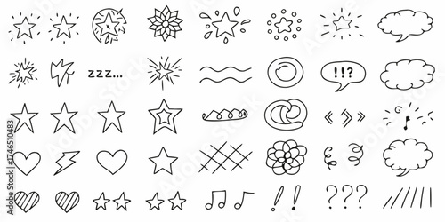 Collection of hand drawn doodle icons featuring stars hearts lightning bolts musical notes and speech bubbles