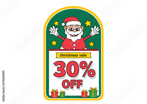 Bright Christmas sale sign displaying Santa Claus with gifts and a 30 percent discount to attract holiday shoppers