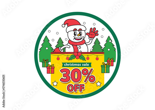 Cheerful round Christmas sale sign displaying Santa Claus with gifts and a 30 percent discount to attract holiday shoppers