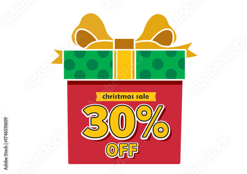 Colorful Christmas gift box with a large bow promoting a 30 percent off sale in a festive display