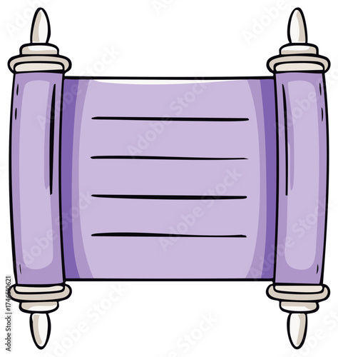 Cartoon illustration of a scroll with a purple body with lines and white ends, a historical document.