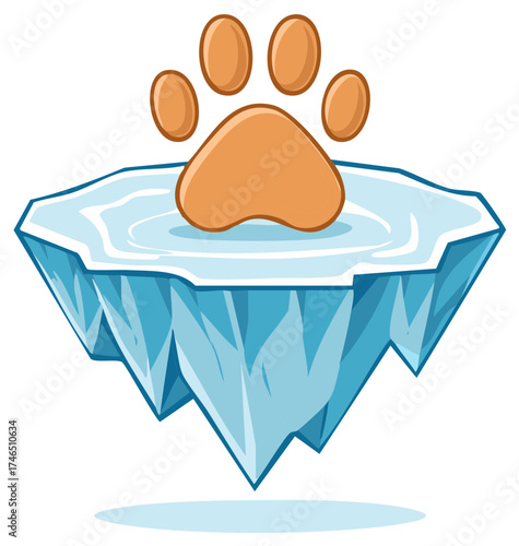 Stylized paw print on an ice floe with cold frozen concept and animal track symbol