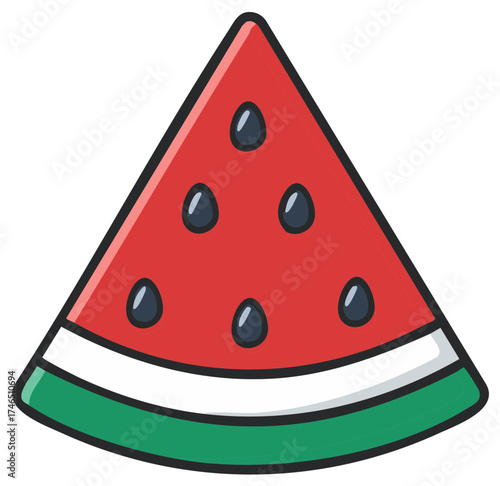 Cartoon illustration of a watermelon slice, red flesh with black seeds and rind.