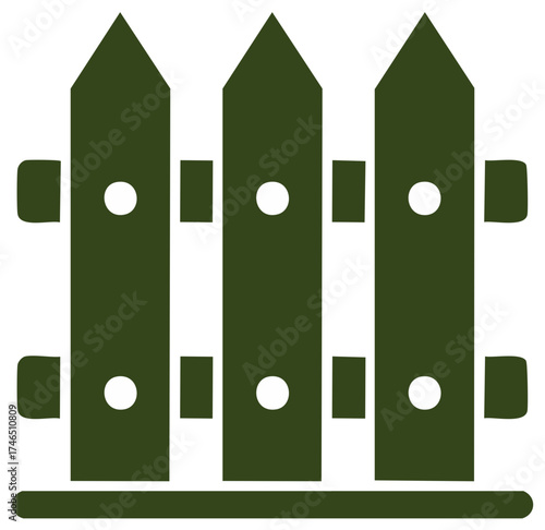 Illustration of an Olive Green Wooden Picket Fence with Pointed Tops and Round Hole Cut Outs