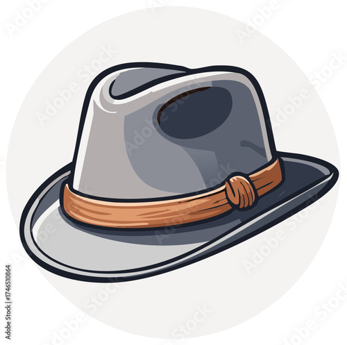 Stylish Grey Fedora Hat with Brown Band Illustration
