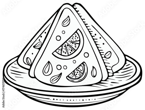 Folded crepes with citrus garnish on a plate black and white line art