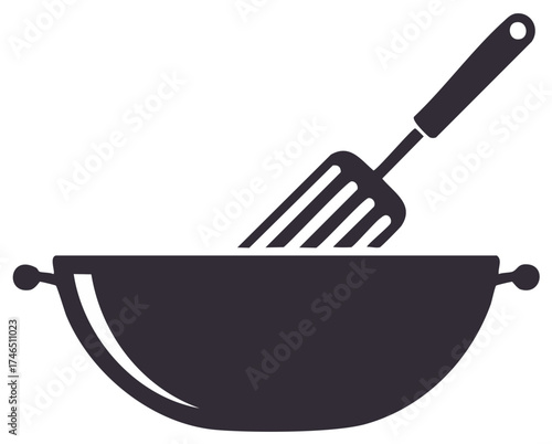 Stir Fry Pan and Spatula Silhouette Icon for Asian Cuisine Cooking Equipment