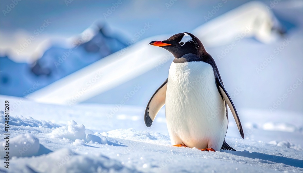 Fototapeta premium Gentoo Penguin Standing Proudly on Snowy Antarctic Landscape.