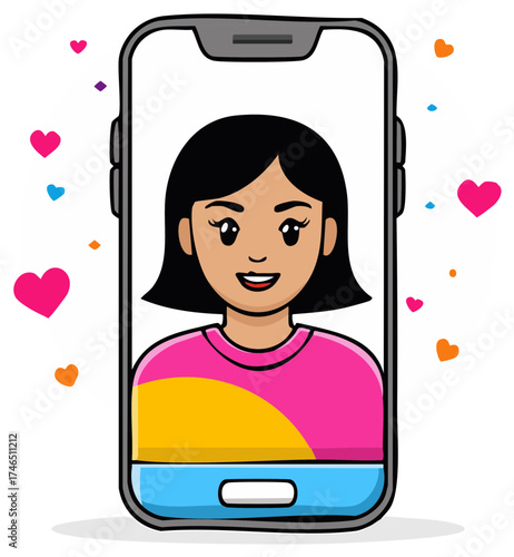 Pansexual pride concept with a cartoon woman on a smartphone screen for online dating or social media