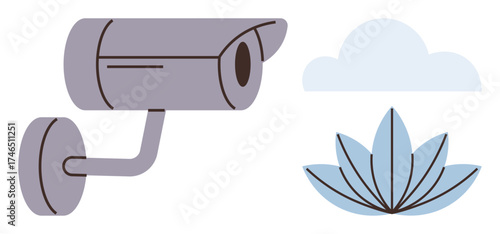 Security camera observing serene environment with stylized lotus and cloud. Ideal for themes thumbs up privacy, security, technology, nature, surveillance, balance, protection. Minimalist and simple