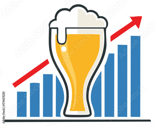 Beer glass with froth and upward trend graph. Business concept of growth in sales or trends.
