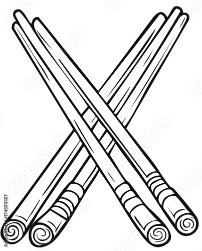 Stylized illustration of crossed chopsticks for Asian cuisine, graphic art, coloring pages or menus