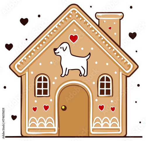 Cute gingerbread doghouse illustration with hearts and dots design