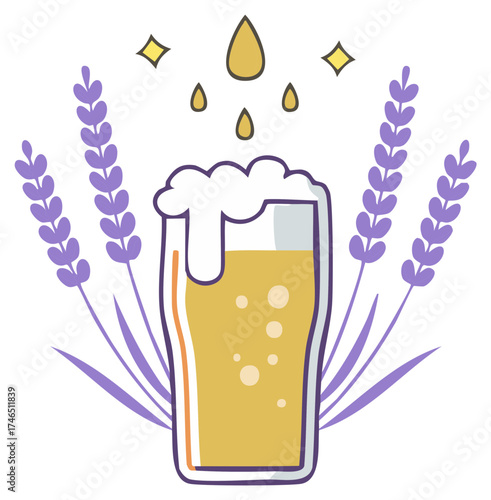 Refreshing glass of beer with bubbles and lavender around it, illustration of freshness and relaxation.