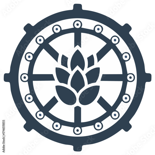 Dharma Wheel Symbol with Lotus Blossom Design Traditional Buddhist Iconography