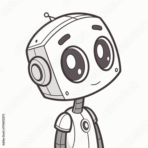 A cute friendly and curious cartoon robot with big expressive eyes and a simple smile rendered in a clean modern and appealing line art style for children and technology themes