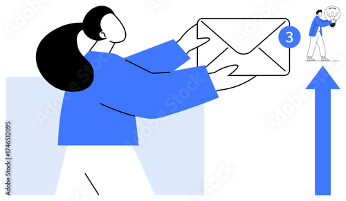 Woman holding an envelope with a notification badge, blue upward arrow symbolizing progress, and a tiny person with a lightbulb. Ideal for teamwork, communication, creativity, growth, networking