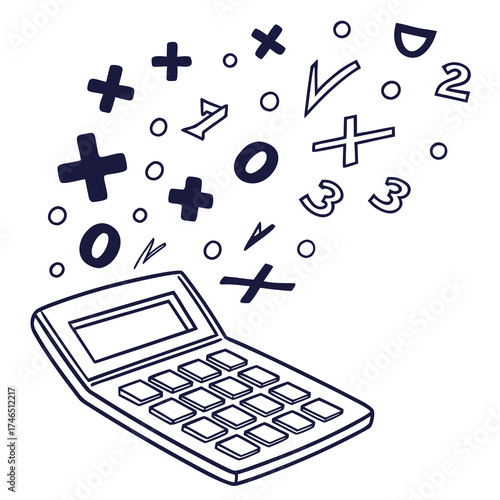 Hand drawn calculator with floating mathematical symbols and numbers in a whimsical doodle style on a white background