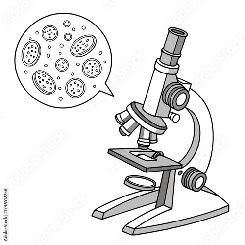A simple cartoon illustration of a microscope with a speech bubble showing magnified cells and microorganisms for scientific discovery