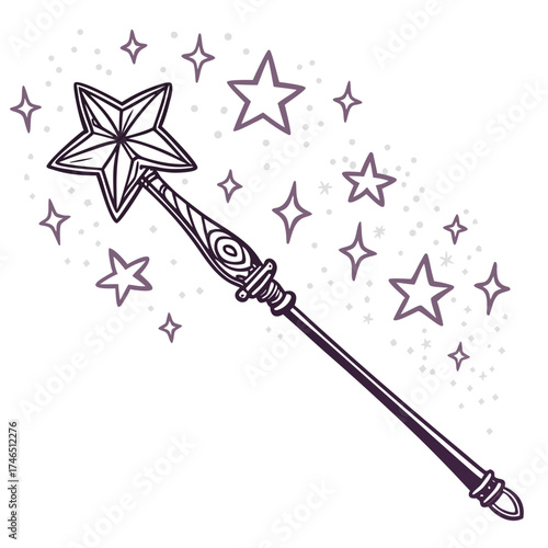 Whimsical hand drawn magic wand with sparkling stars and twinkling dust emanating from the star tip creating a magical aura