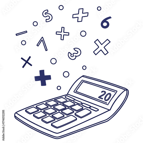 A whimsical hand drawn illustration of a calculator with numbers and mathematical symbols floating upwards representing calculation and learning
