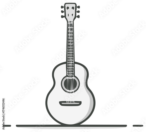 Isolated Gray Scale Acoustic Guitar on Horizon Line Graphic Illustration