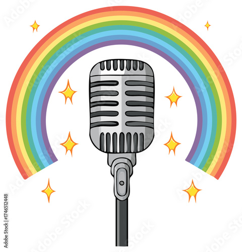 Retro microphone with a rainbow arc and shining stars, isolated illustration