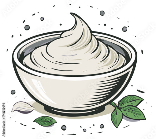 Bowl of sauce with garlic and basil leaves drawn vector illustration
