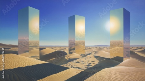 Three tall mirrored pillars stand parallel in a vast desert with undulating sand dunes stretching to the horizon under a