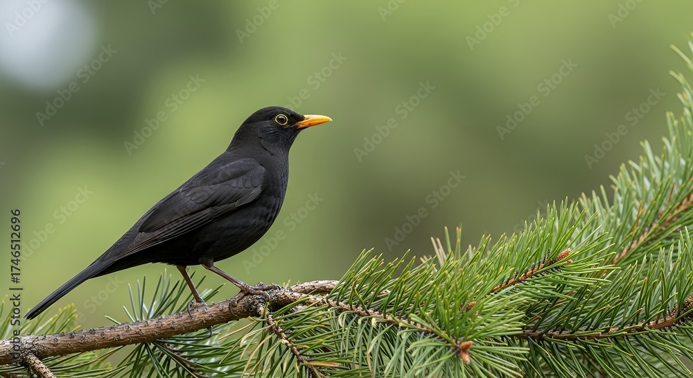 Obraz premium A sleek, dark-feathered bird with a distinct bright yellow beak and a bright yellow eye ring is beautifully perched on a textured branch of a vibrant green coniferous tree. The soft, blurred green bac