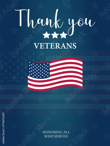A thank you message for veterans with an American flag design on a blue background. Veteran's day in USA holiday background. thank you veterans. Honoring all who served.