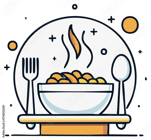 Delicious hot meal in a bowl with fork and spoon on a serving dish simple modern illustration