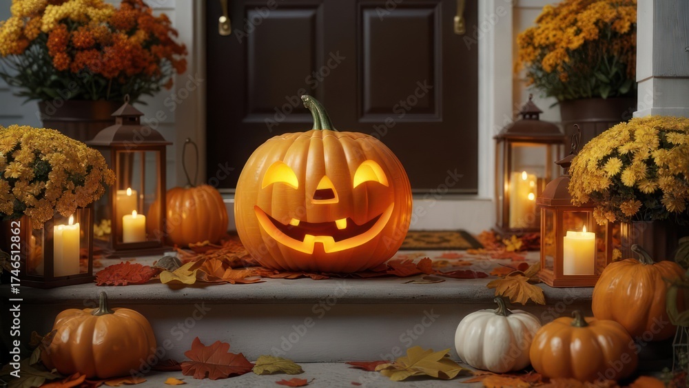Obraz premium Festive Halloween Porch Decoration with Glowing Jack O Lantern.